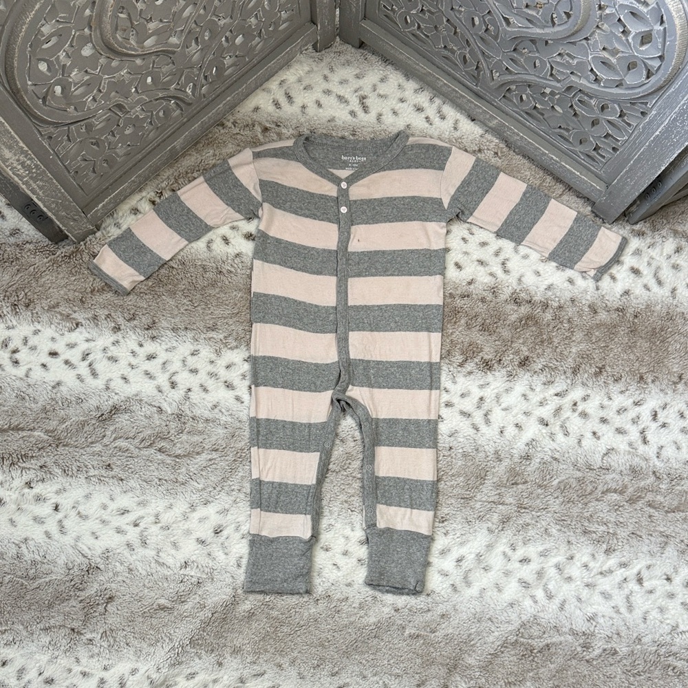 Burt’s Bees Baby pink gray striped footie pajamas girls 6-9 months preppy pastel